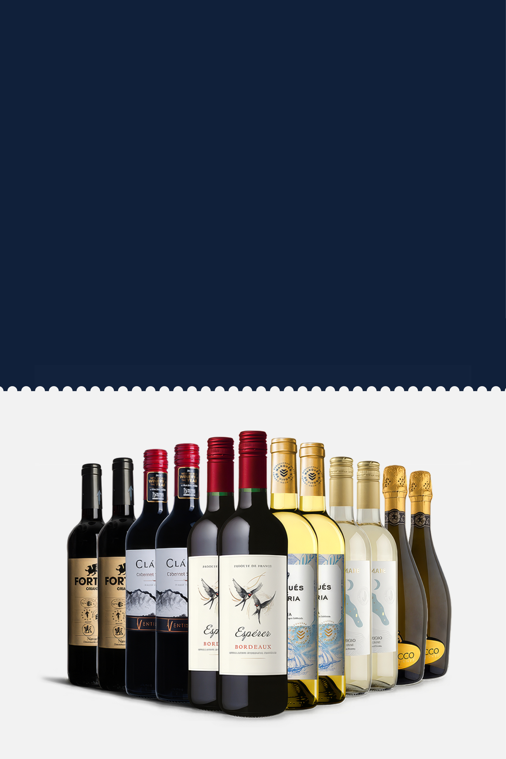 A collection of wine bottles arranged in two rows.