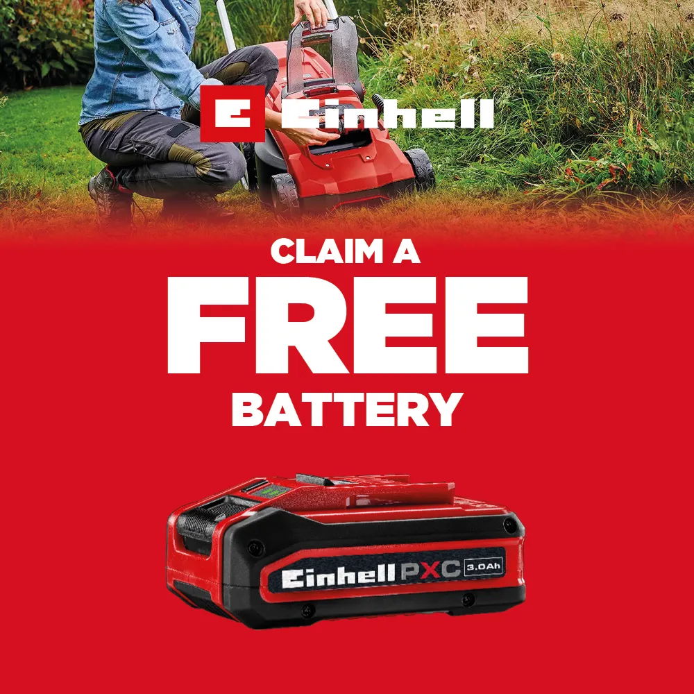 Einhell advertisement promoting a free battery with a lawn mower image.