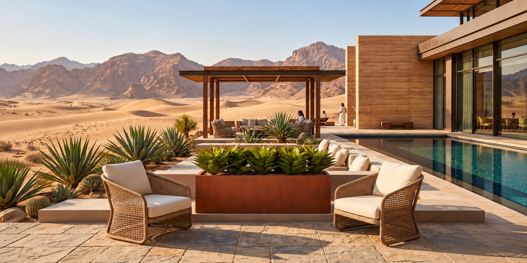 A desert villa with a corten steel planter and some patio chairs near a pool