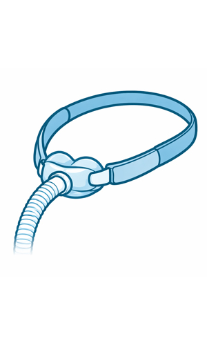 A blue medical device with a hose, likely a CPAP mask strap.