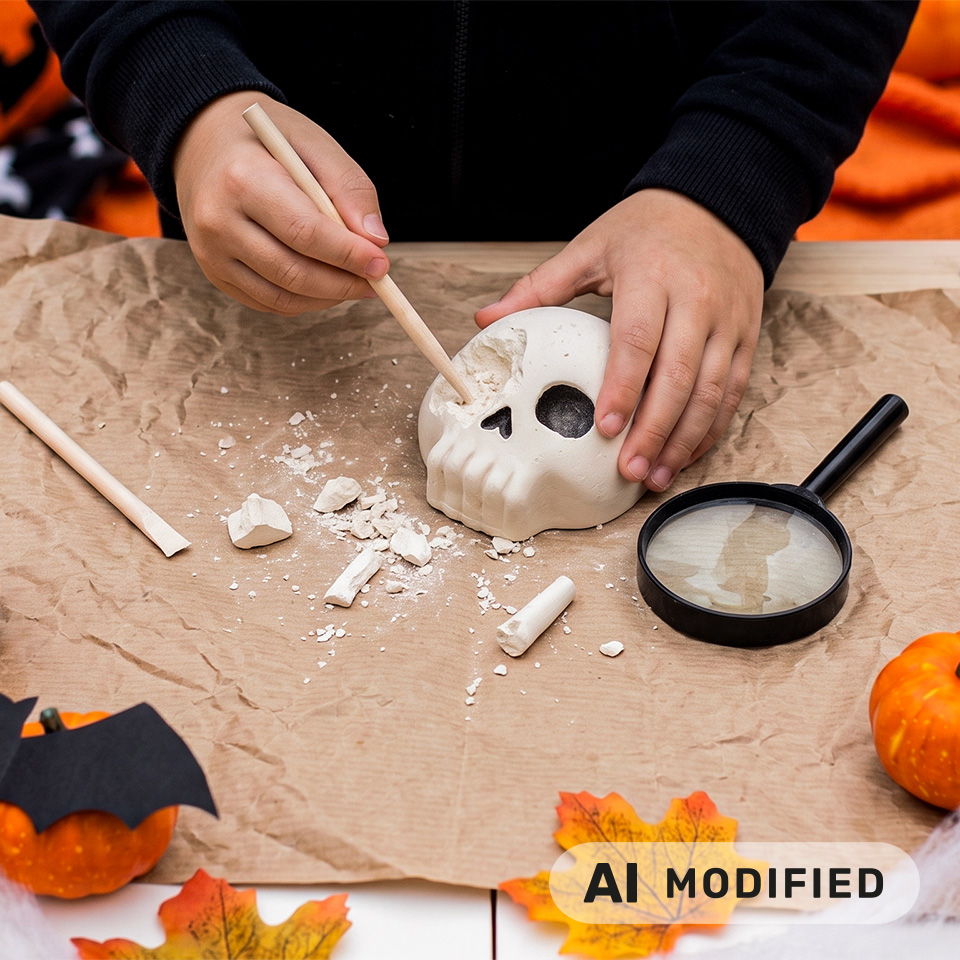 Personne fabriquant un crâne avec des outils sur une table décorée pour Halloween.