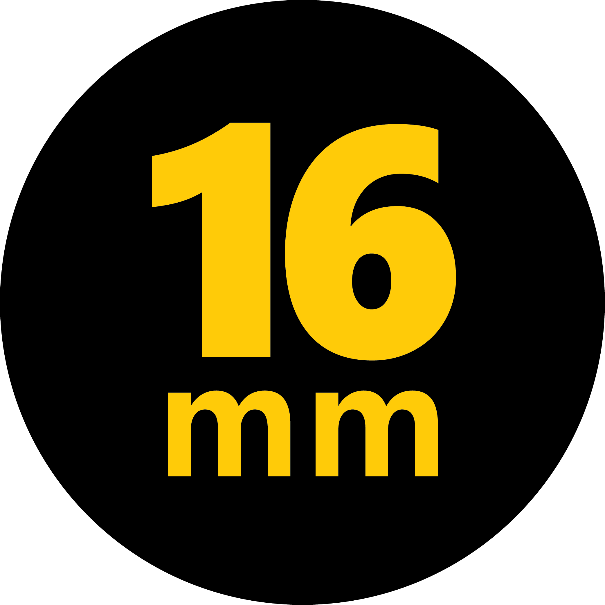Text displaying '16 mm' in yellow on a black background.