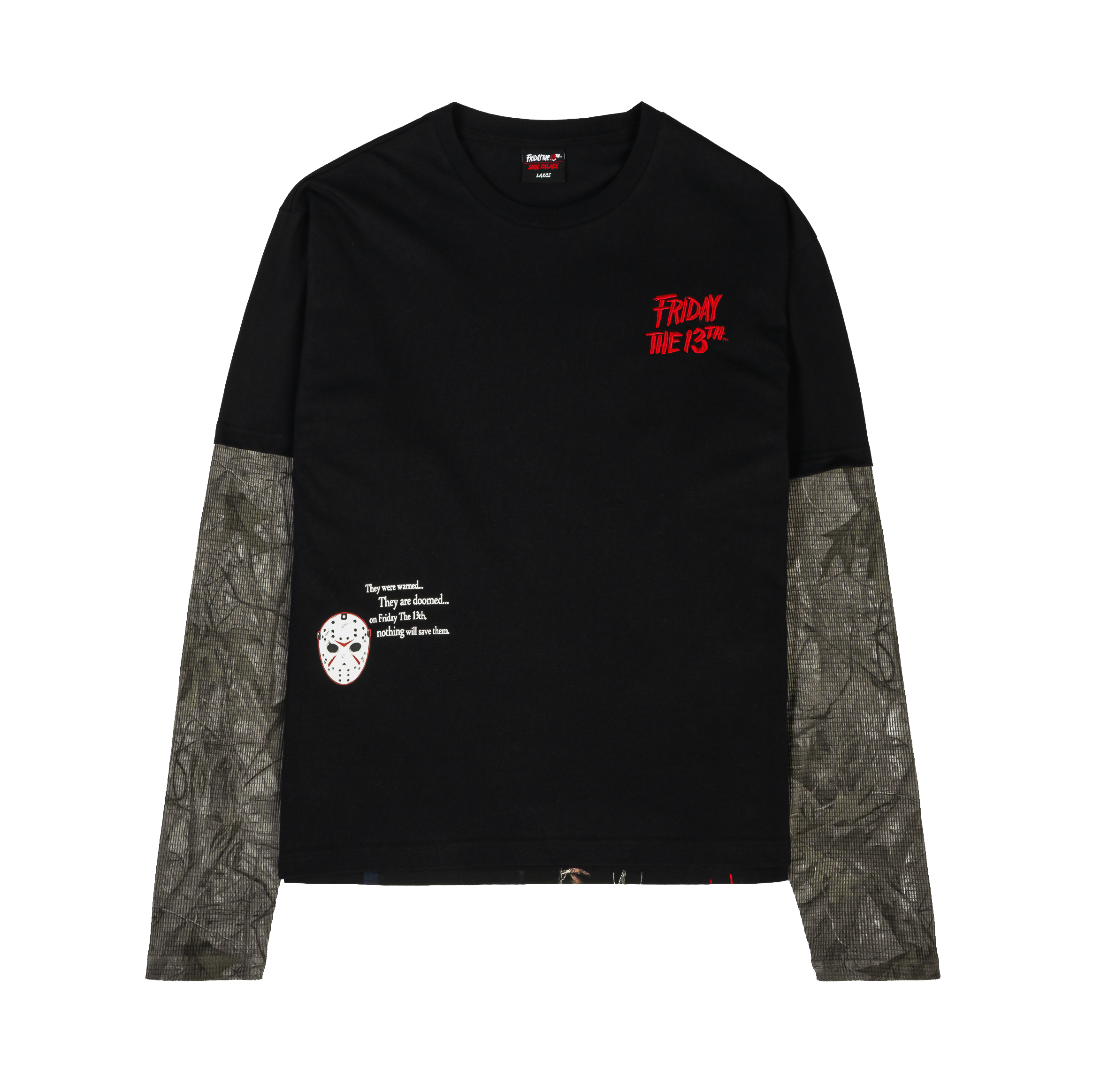 Black long-sleeve shirt with camouflage sleeves and graphic designs.
