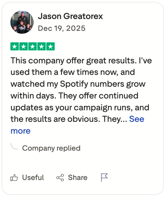 User review praising a company's effective service for Spotify growth.