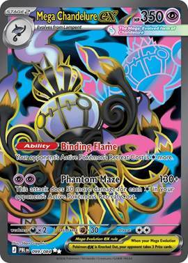 Mega Chandelure GX Pokémon card with abilities and attack details.