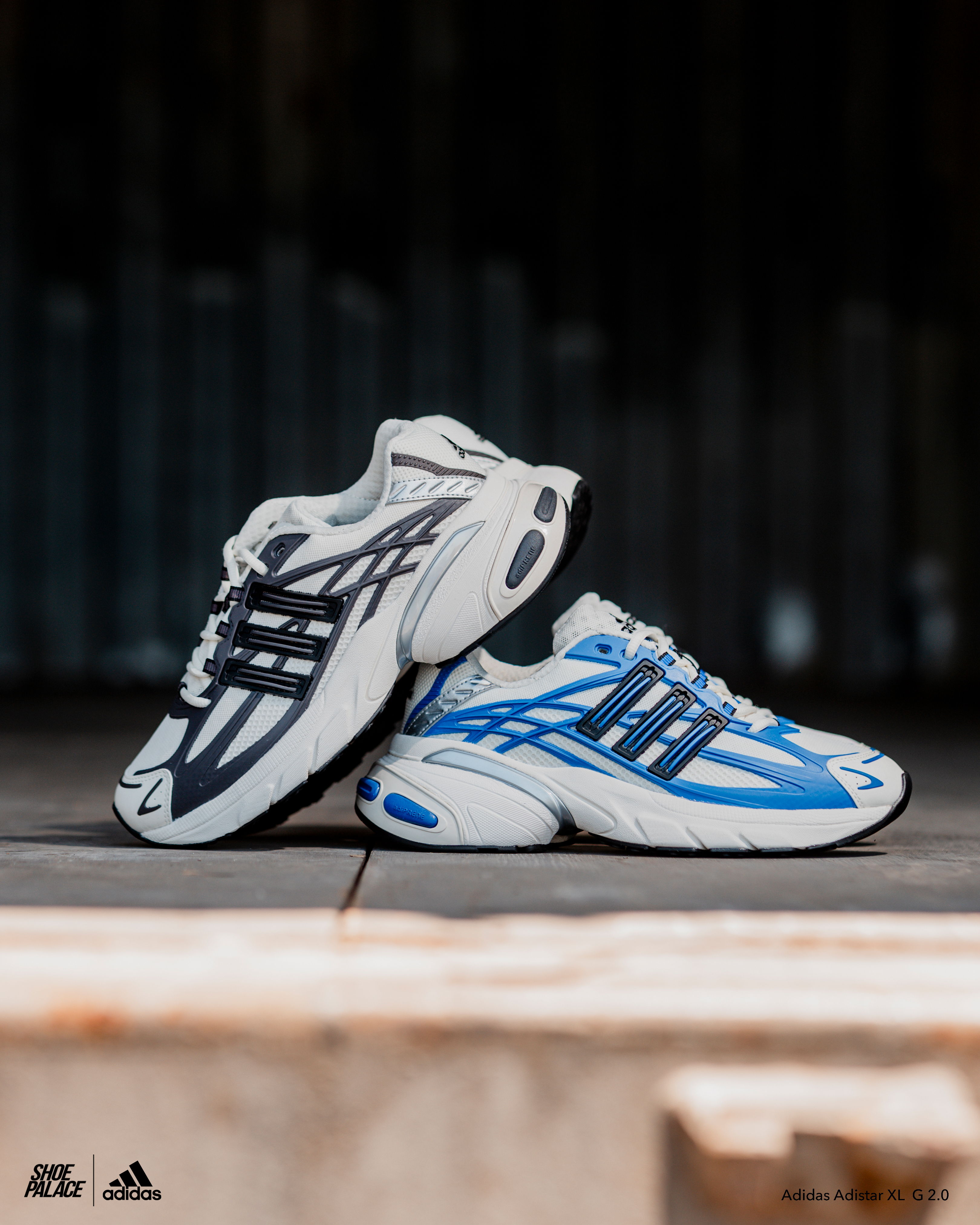 A pair of running shoes, one black and one blue.