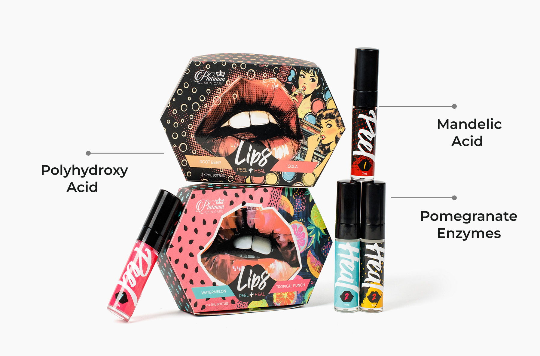 Cosmetic packaging with ingredients: Polyhydroxy Acid, Mandelic Acid, Pomegranate Enzymes.