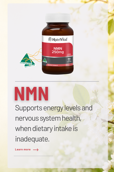Bottle of NMN supplement with benefits listed for energy and nervous system health.