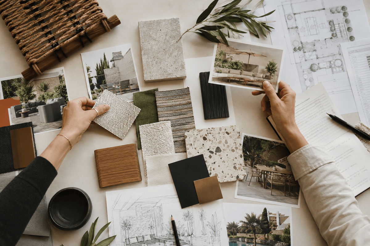 Outdoor furniture material mood board with fabric, wood, stone and finish samples for a hospitality project