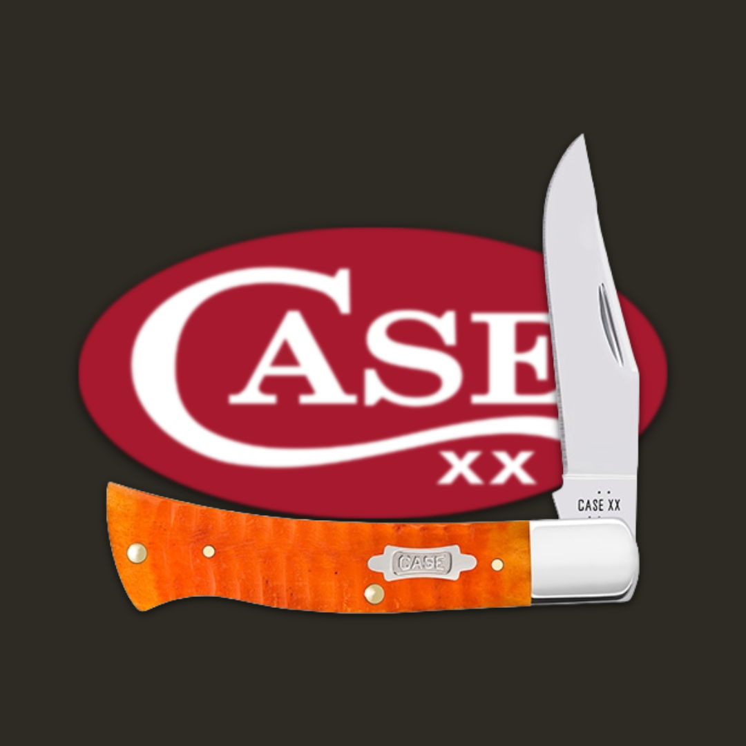 Pocket knife with orange handle and CASE logo in background.