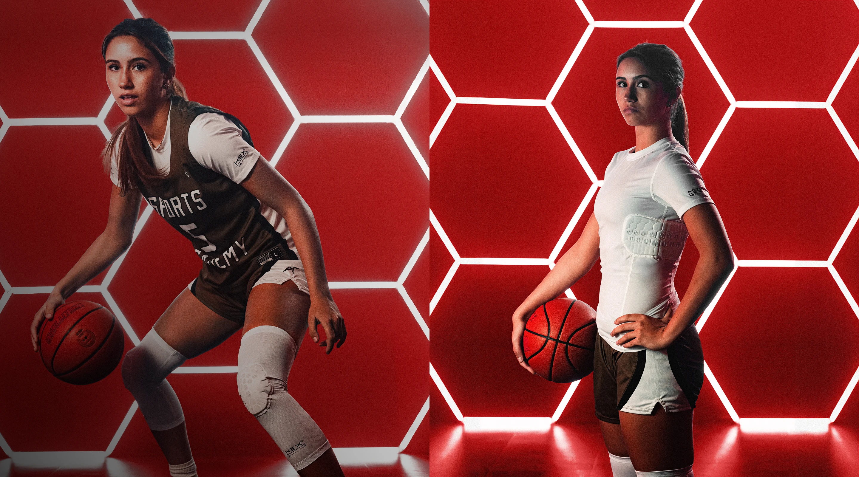 Two female basketball players posing with basketballs against a hexagonal red background.