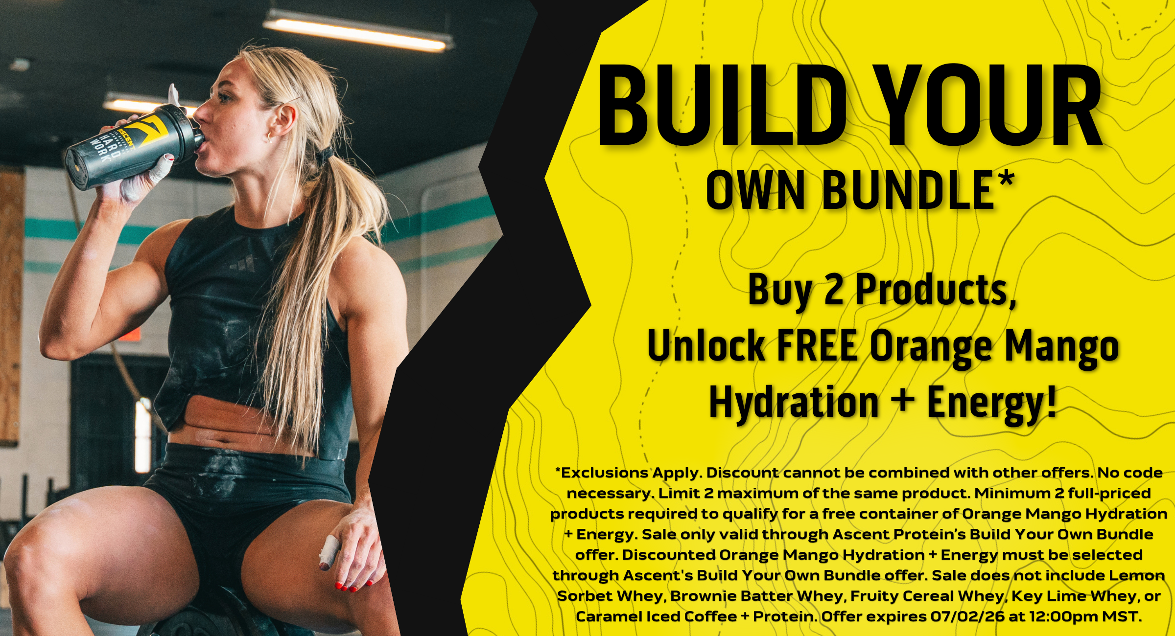 Woman drinking from a shaker bottle in a gym setting next to a yellow background with promotional text overlaying it.