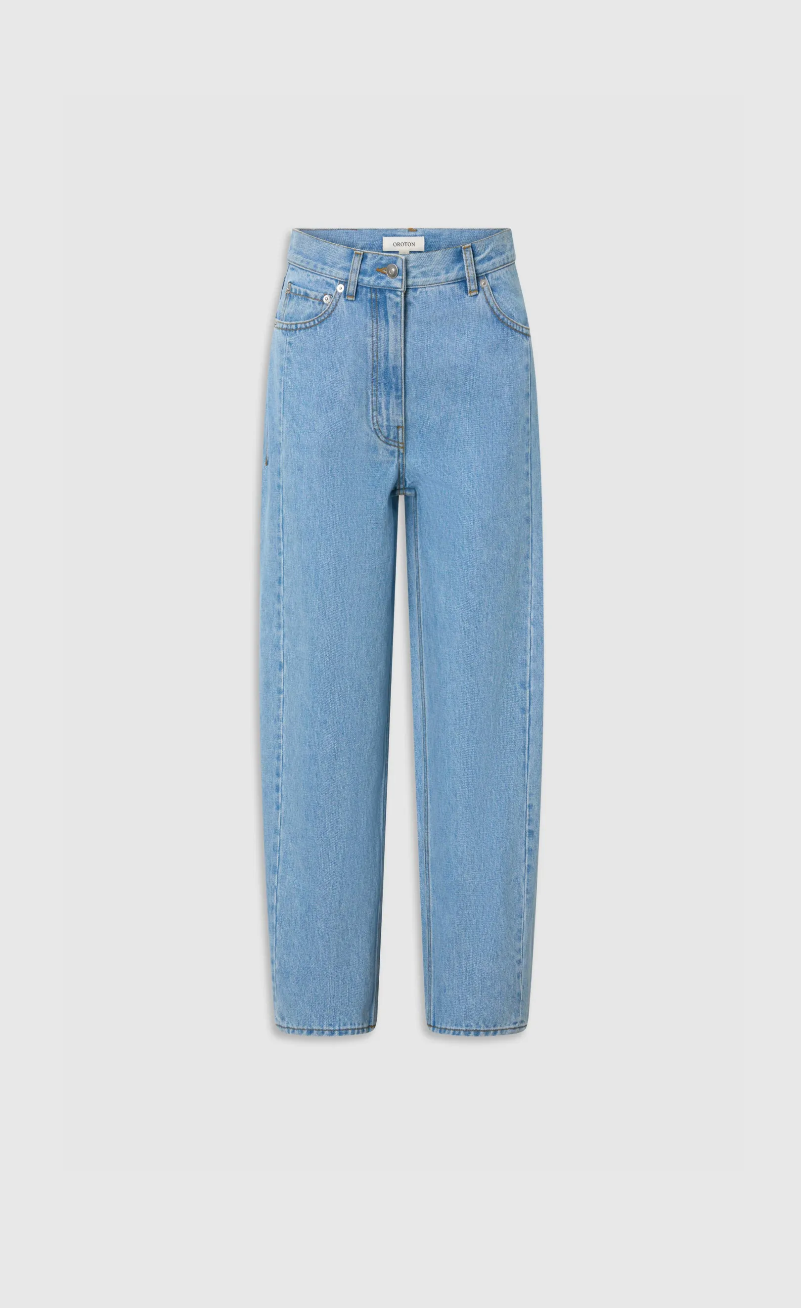 Light blue high-waisted jeans on a plain background.