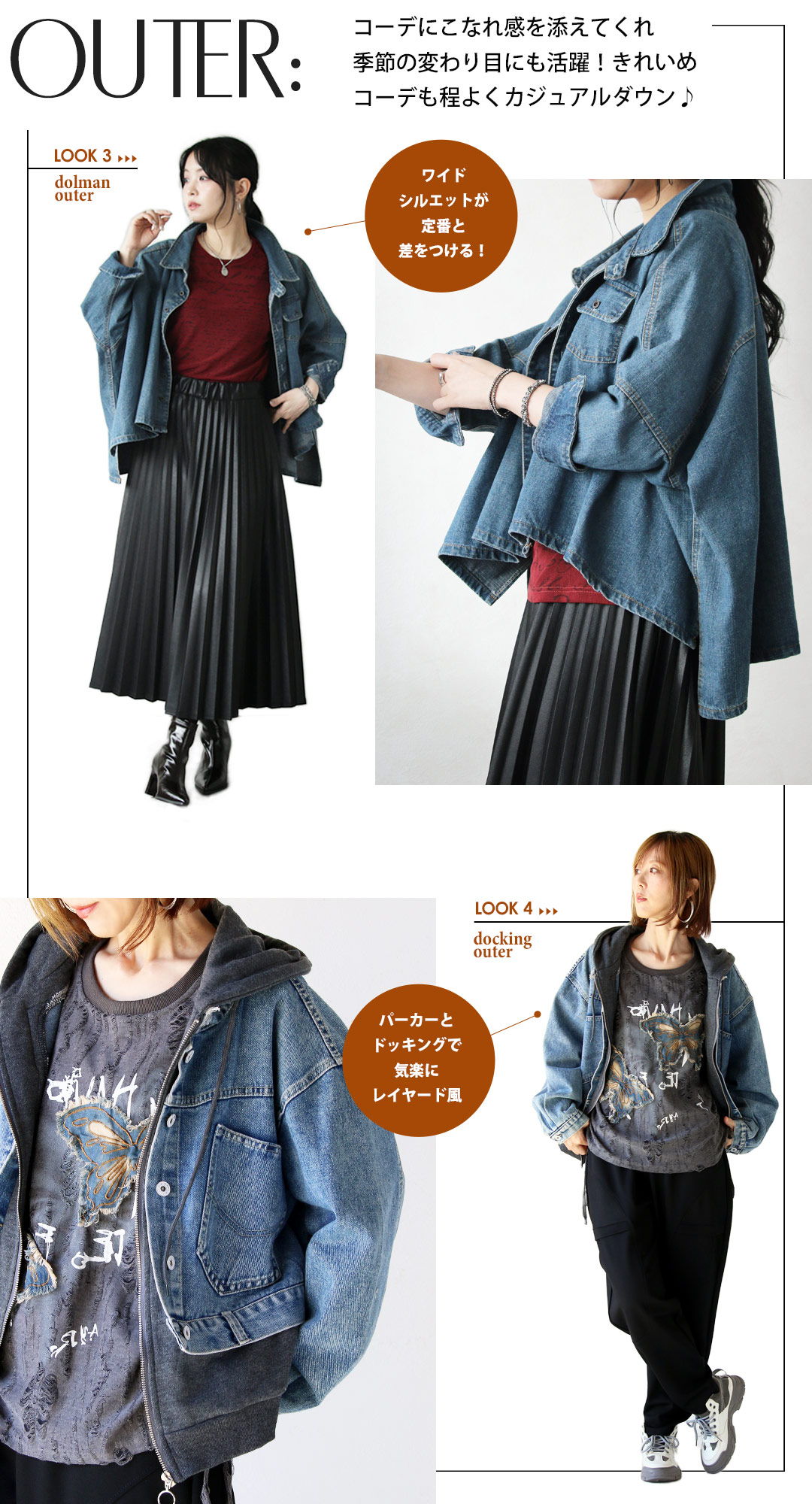 Fashion guide featuring denim jackets styled with skirts and casual outfits.