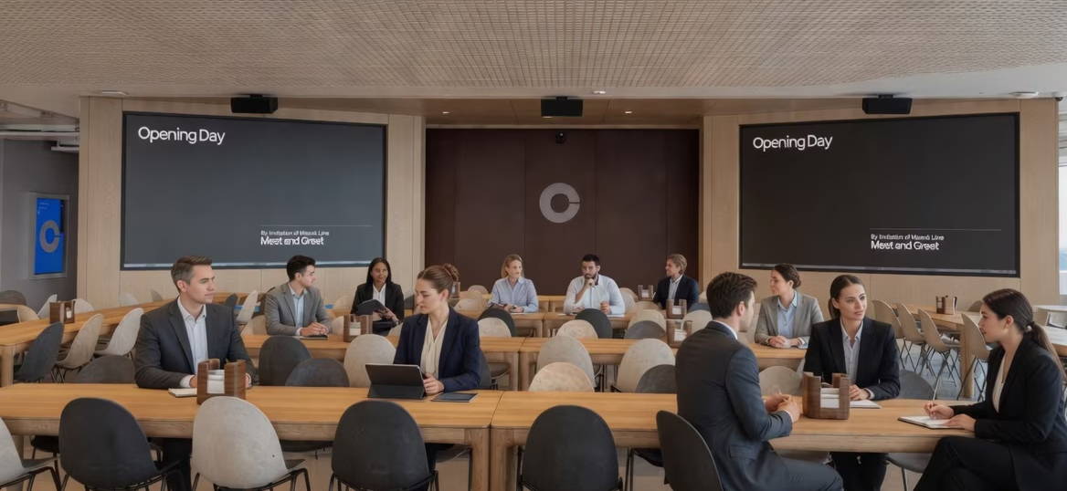 Coinbase Business meeting in a modern conference room with multiple attendees.