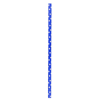 A blue paper straw with white polka dots