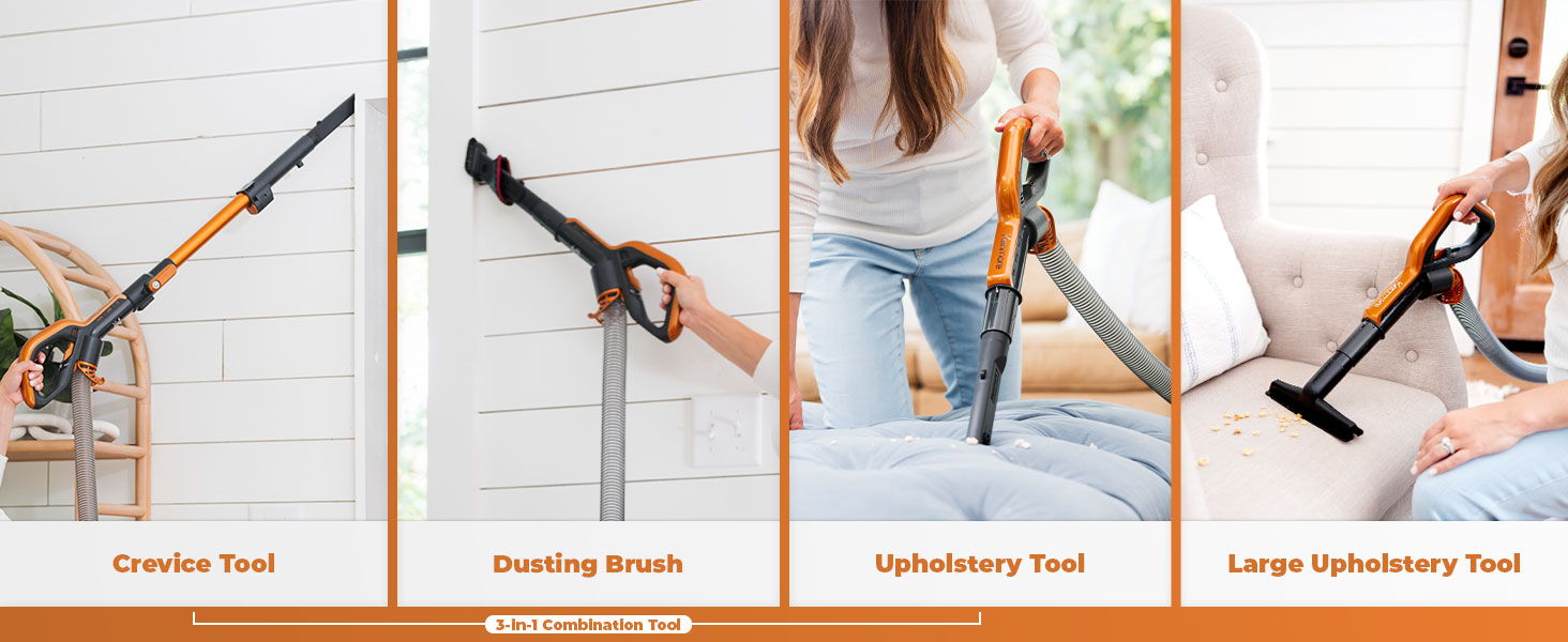 Various vacuum attachments in use for cleaning different surfaces.
