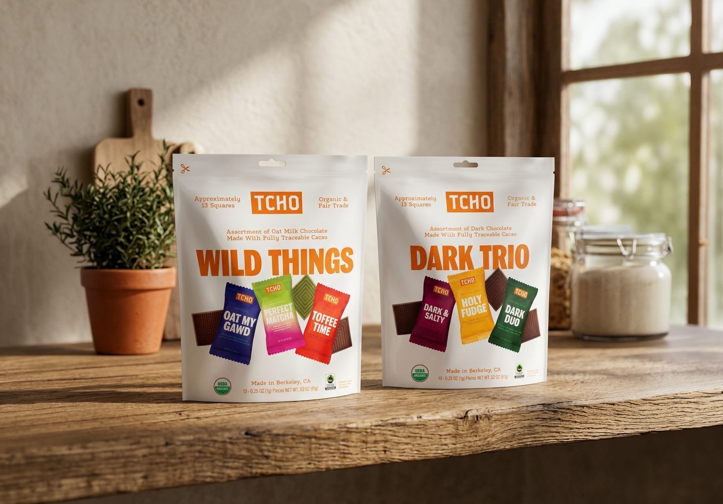 Custom pouches designed for TCHO Chocolates on a wooden table with a plant and window in background.