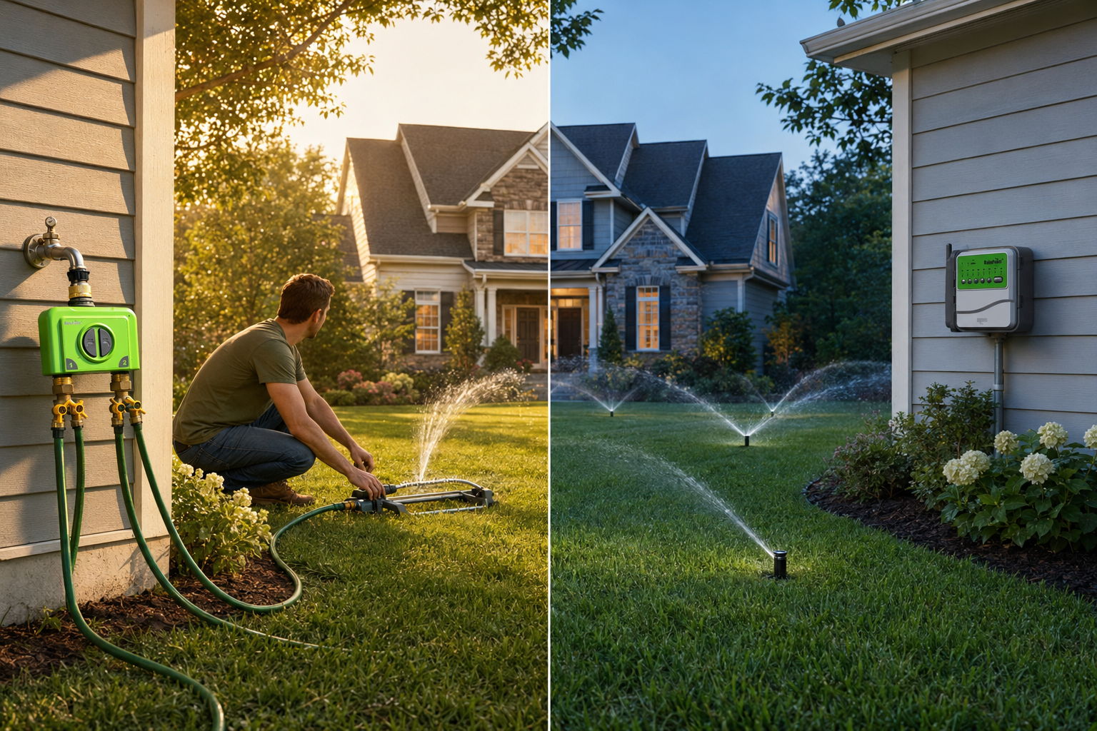 Person watering lawn with a hose next to an automatic sprinkler system.