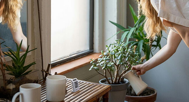 Person watering a plant by a window with coffee cups on a table.