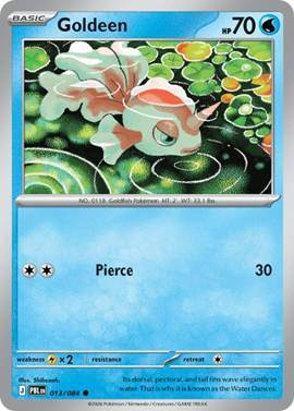 A Goldeen Pokémon card featuring a fish swimming in a pond.