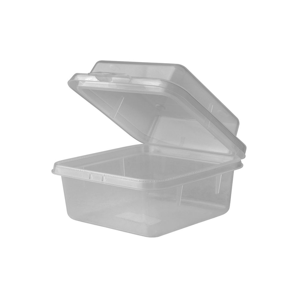 Clear plastic storage container with a hinged lid, partially open.
