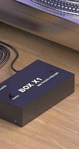 Black phono preamp labeled 