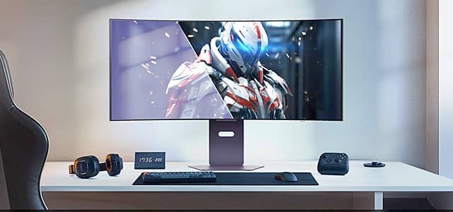 Gaming setup with a large monitor, keyboard, and accessories on a desk.