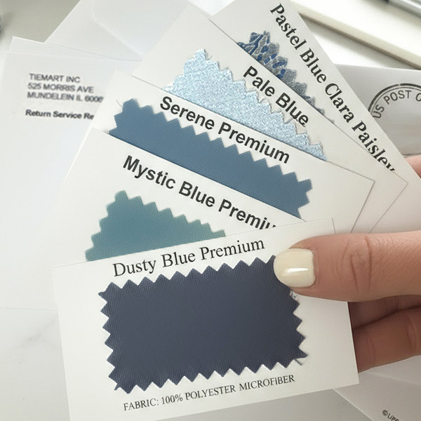 Hand holding an assortment of dusty blue color swatches