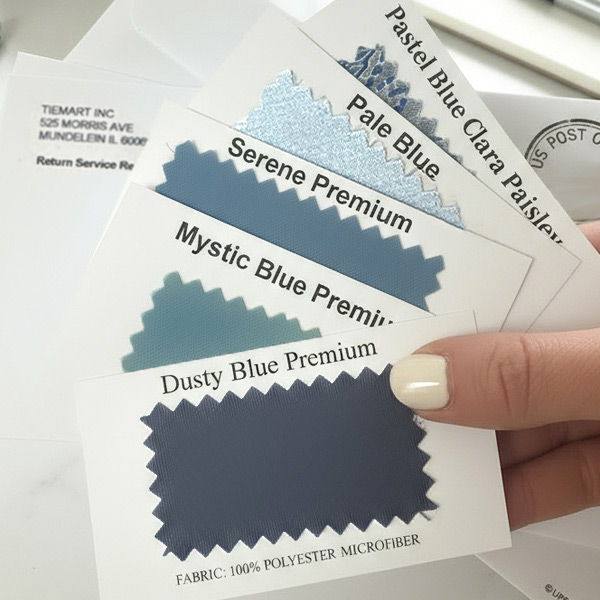 Hand holding an assortment of dusty blue color swatches