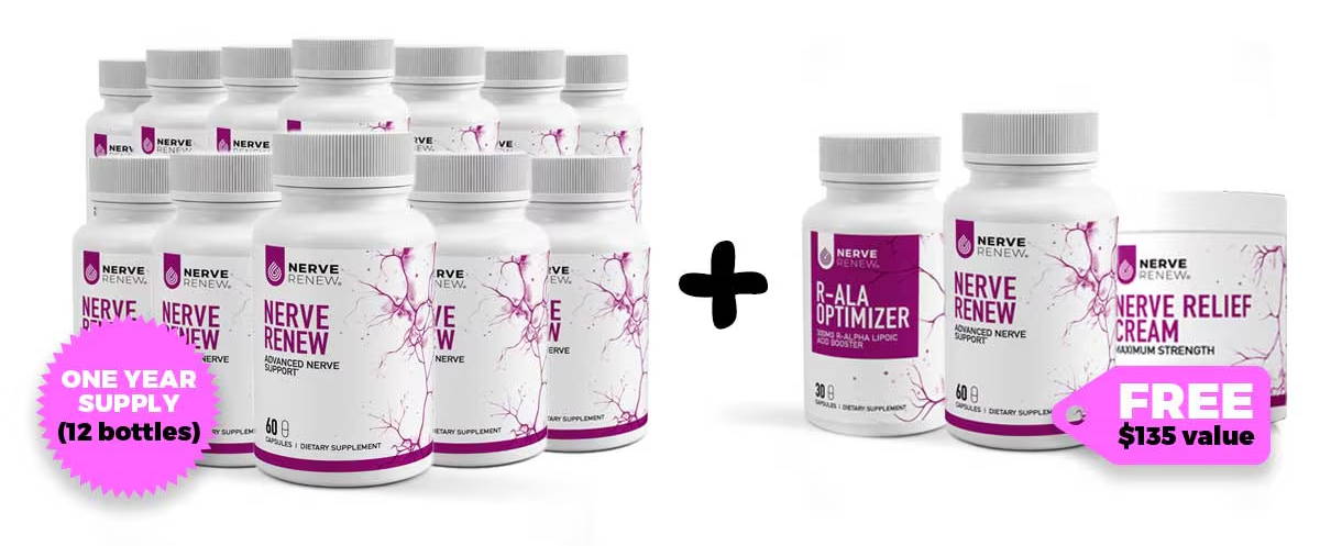 54% OFF a one-year supply of Nerve Renew (12 bottles) PLUS free bonus bottle of Nerve Renew, R-ALA Optimizer, and Nerve Cream ($135 value)
