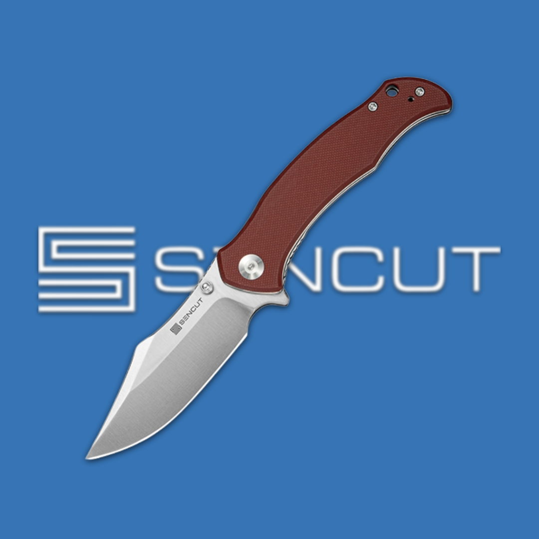 A folding knife with a brown handle and silver blade on a blue background.