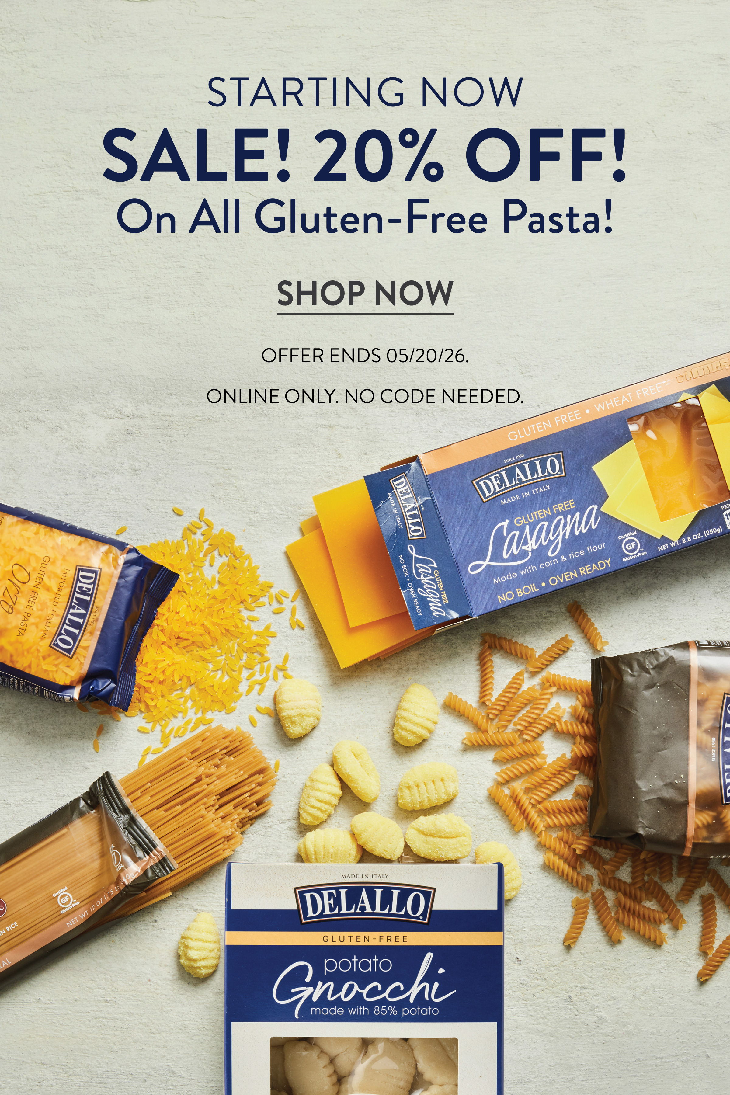 Promotional image for 20% off gluten-free pasta sale.