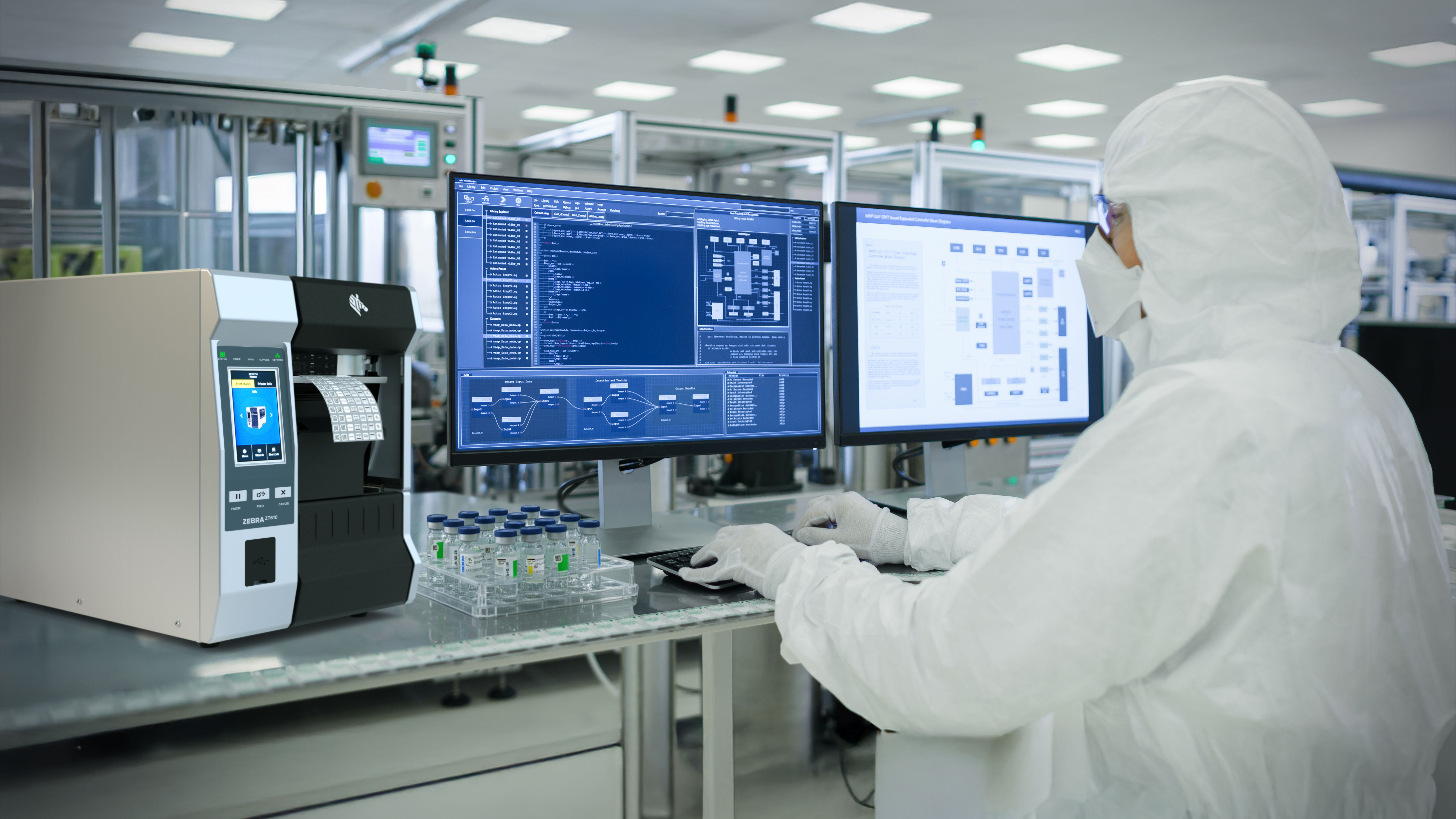 Person in protective gear working at computer in a lab setting.