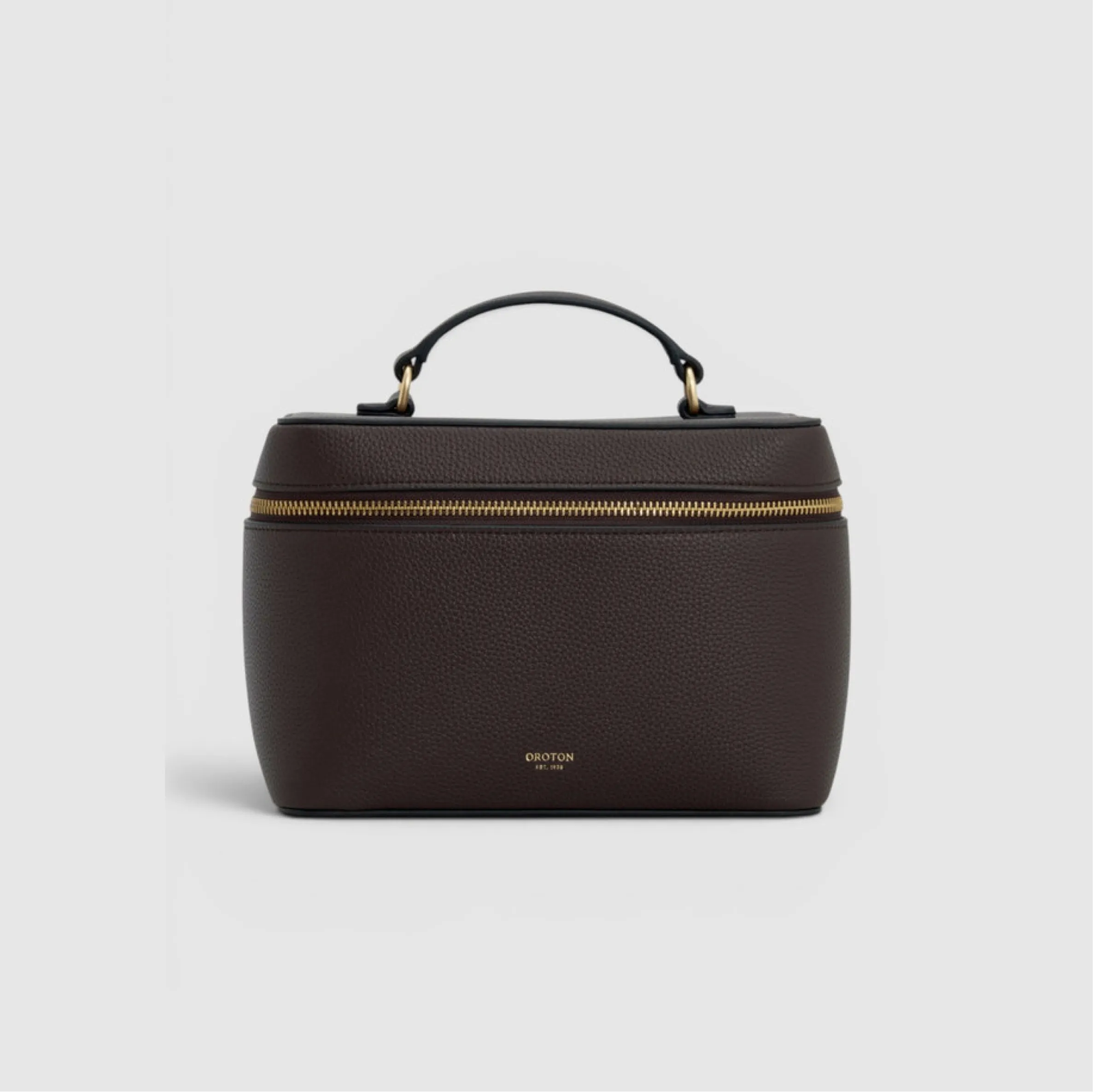 Brown leather handbag with a top handle and gold zipper.