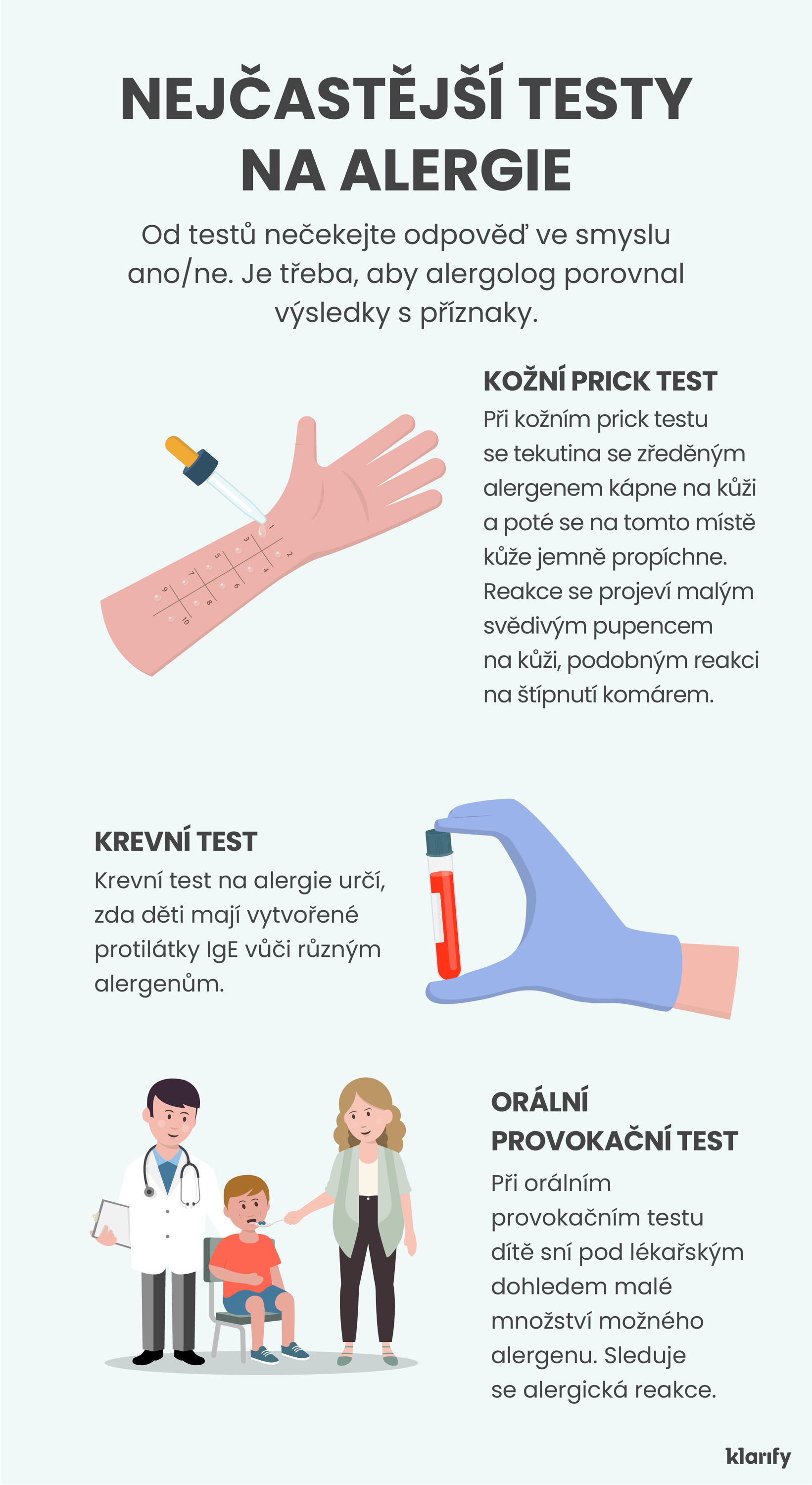 Infografika popisující testování na alergie u dětí, která zobrazuje tři nejběžnější typy testů. Podrobnosti infografiky se nacházejí níže