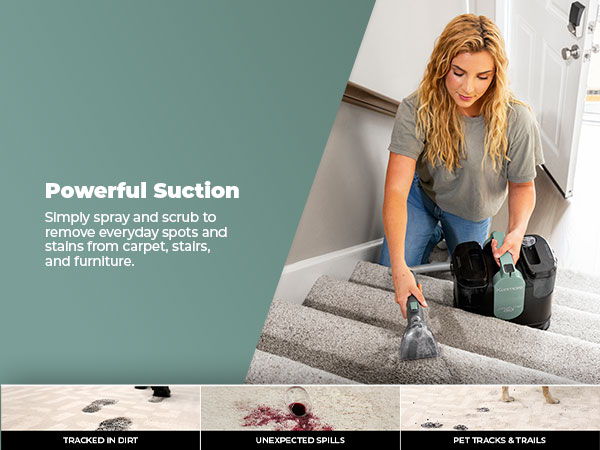 Woman cleaning carpet stains with a vacuum cleaner on stairs.