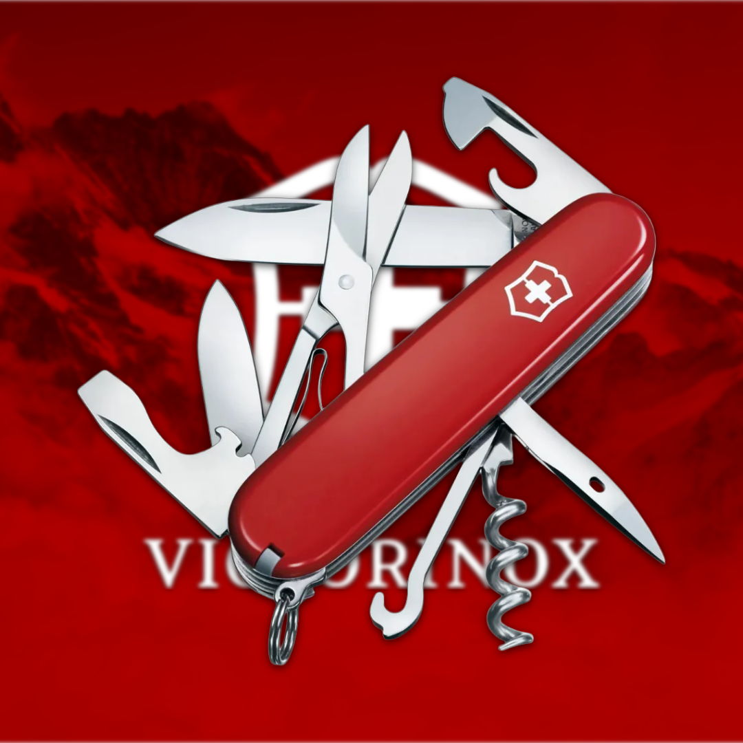 Red Swiss Army knife with various tools against a red background.