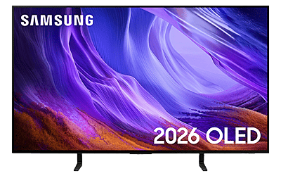 Samsung 2026 OLED TV with vibrant purple and orange abstract design.