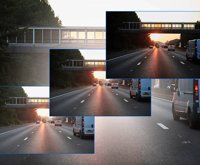 Collage of highway scenes with sunset and overpass.
