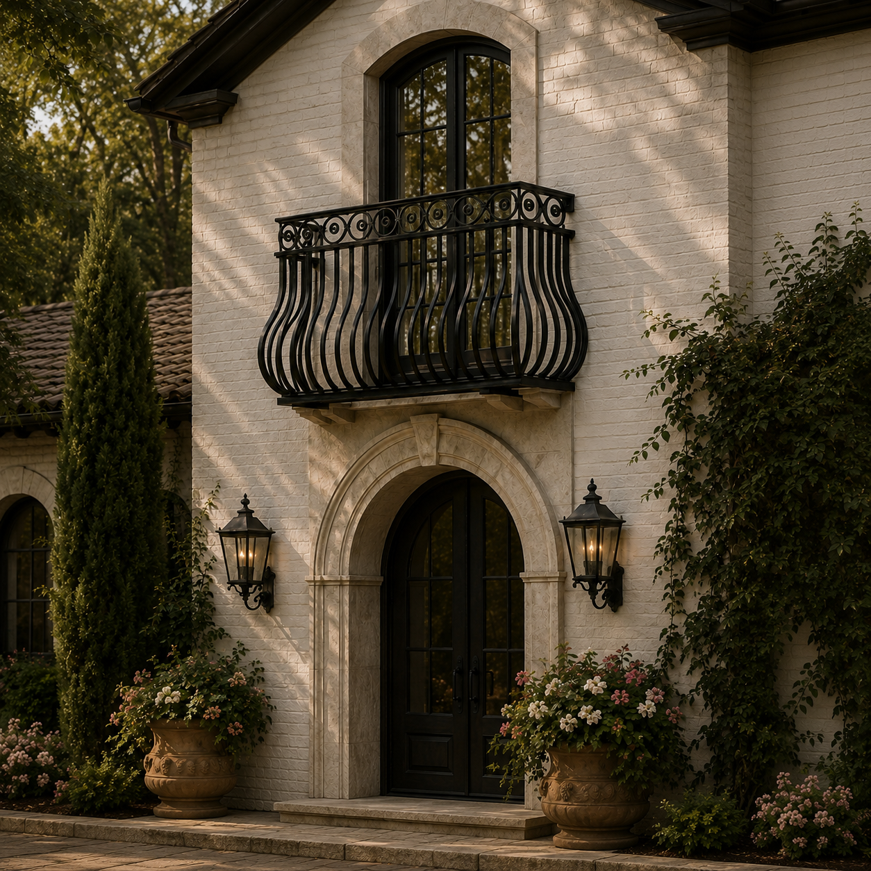 Faux balconies on a house with decorative plants and exterior lighting.