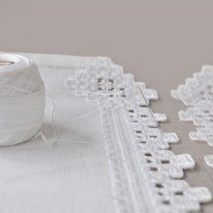Ingebretsen's banner for Scandinavian crafts, showing Norwegian Hardanger embroidery with thread and a needle.
