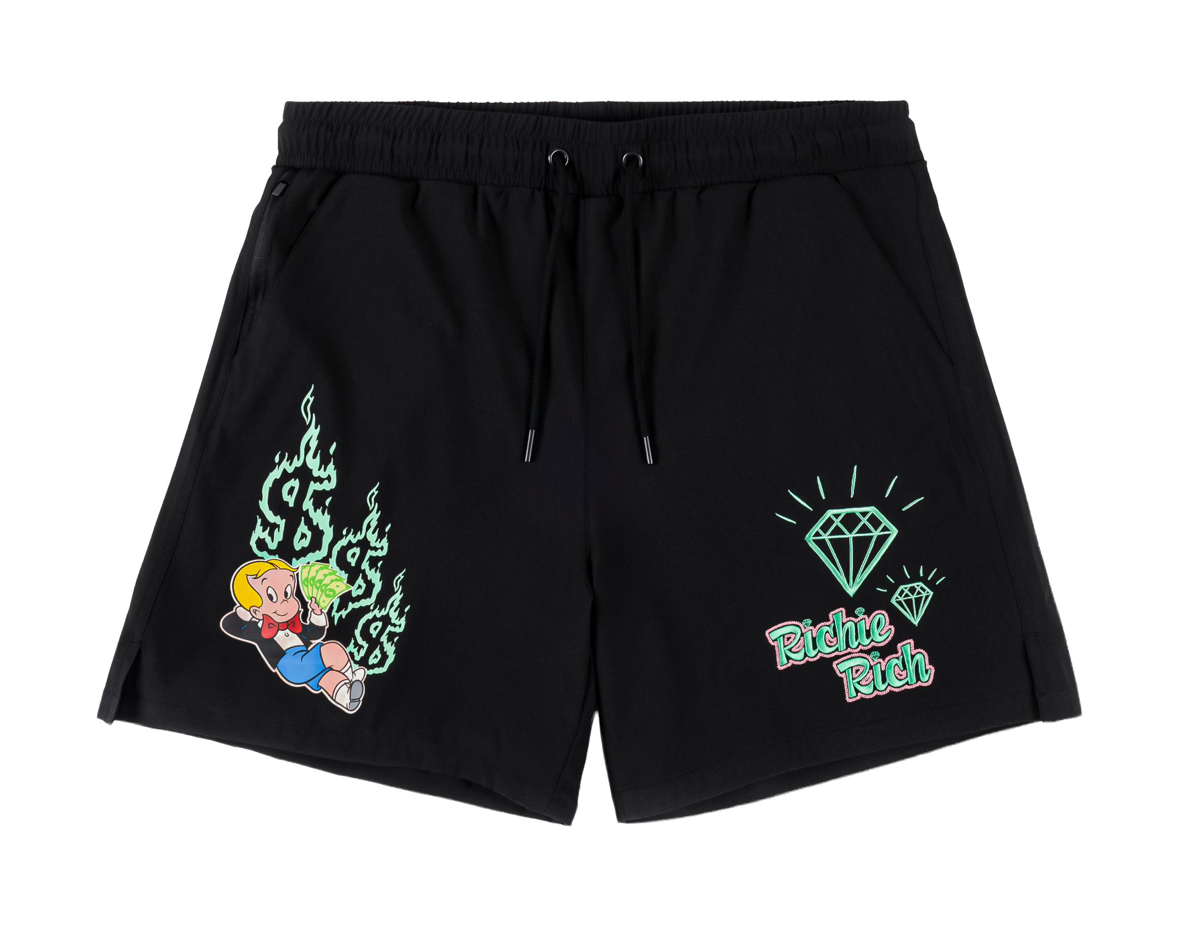 Black shorts with colorful graphics and designs.