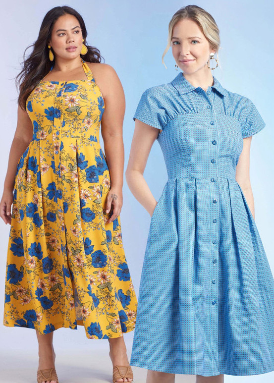 Two women wearing colorful dresses, one floral and one solid blue.