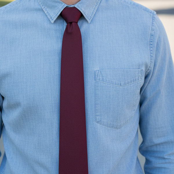 Bugundy matte tie with a chambray shirt