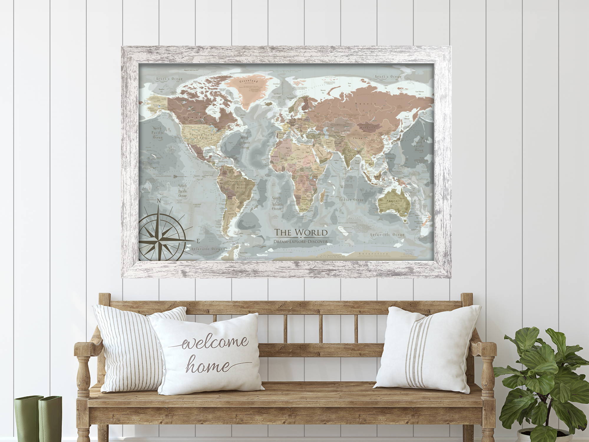 world map with push pins farmhouse frame