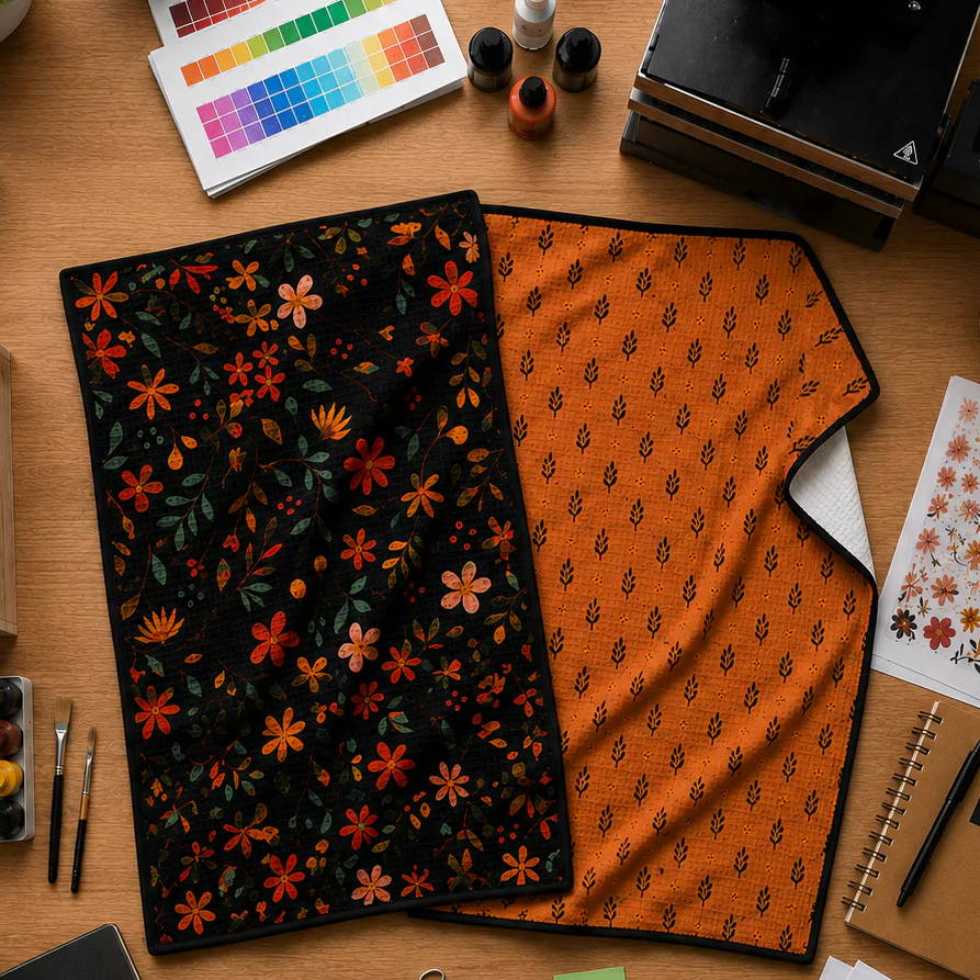 fall printed waffle weave microfiber towels on a flat lay of a workstation in a print studio