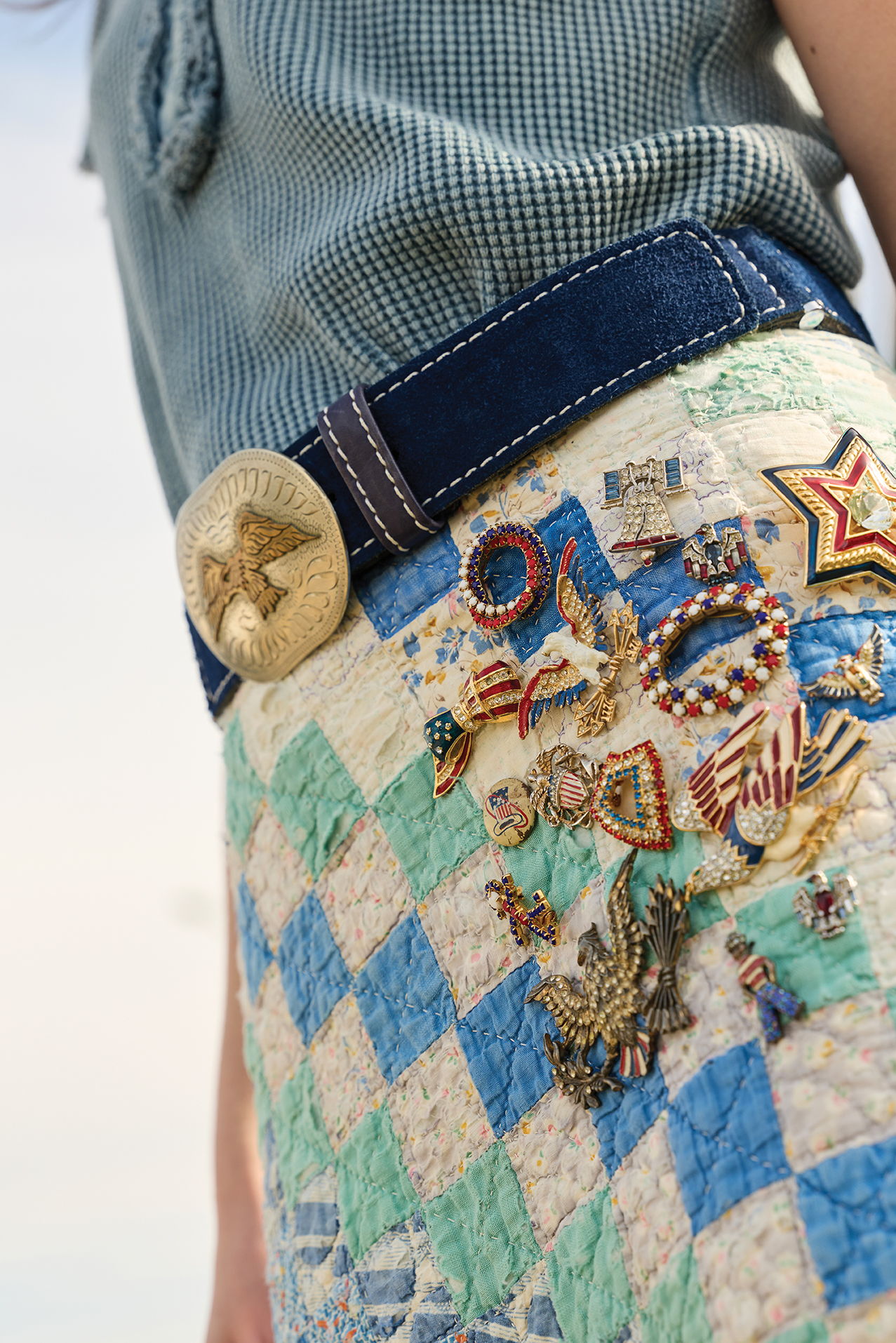 WWII Sweetheart pins used as jewelrification on one of the quilted skirts. 