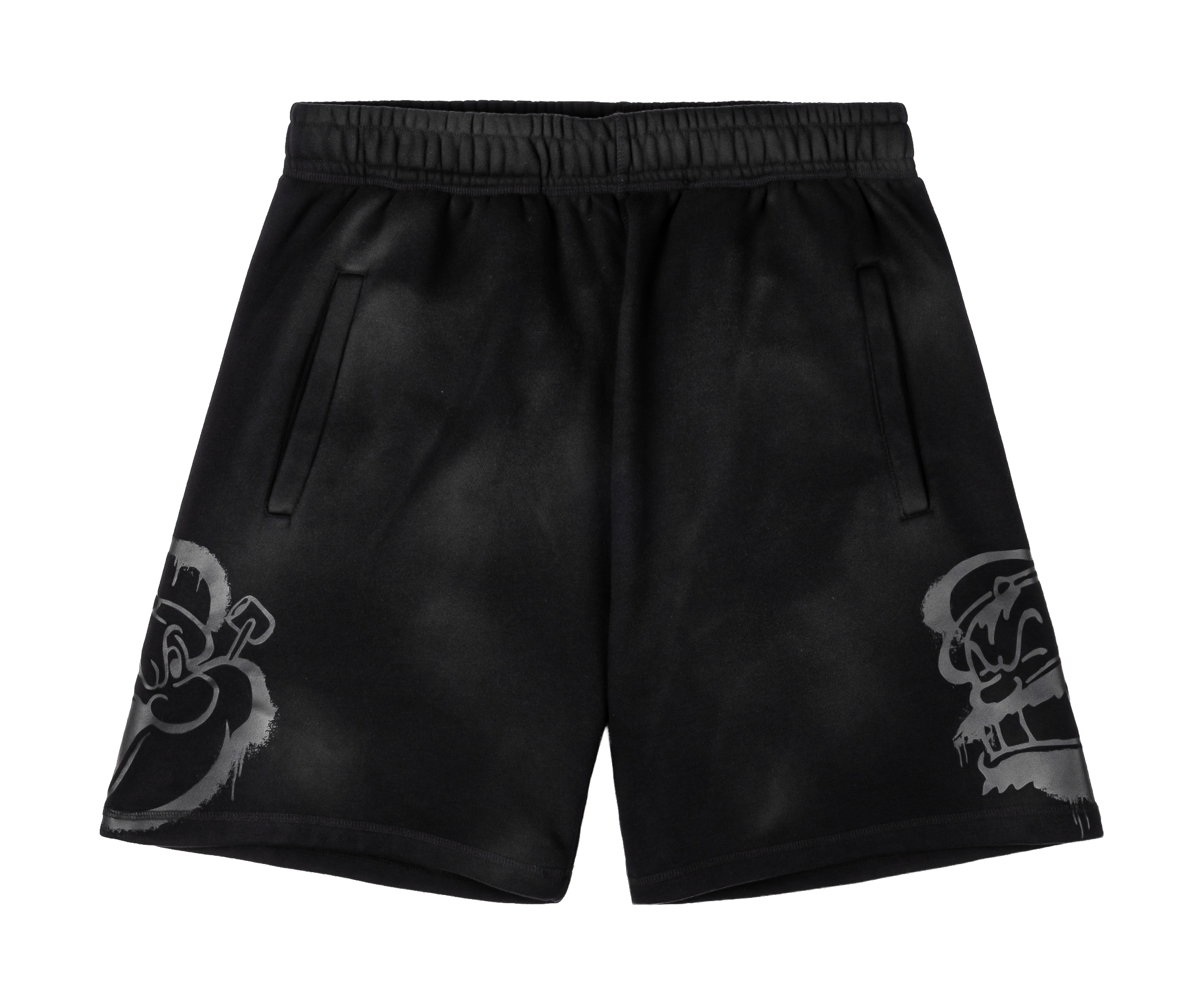 Black shorts with graphic designs on the front.
