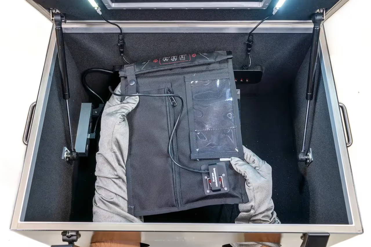 Mission Darkness Charge & Shield Faraday Bag inside the BlockBox Lab XL